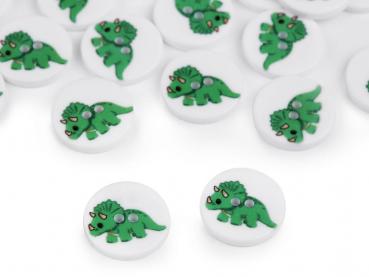 Kinderknopf 2-Loch Kunststoff mit Dinosaurier Ø 15,4mm Weiß/Grün